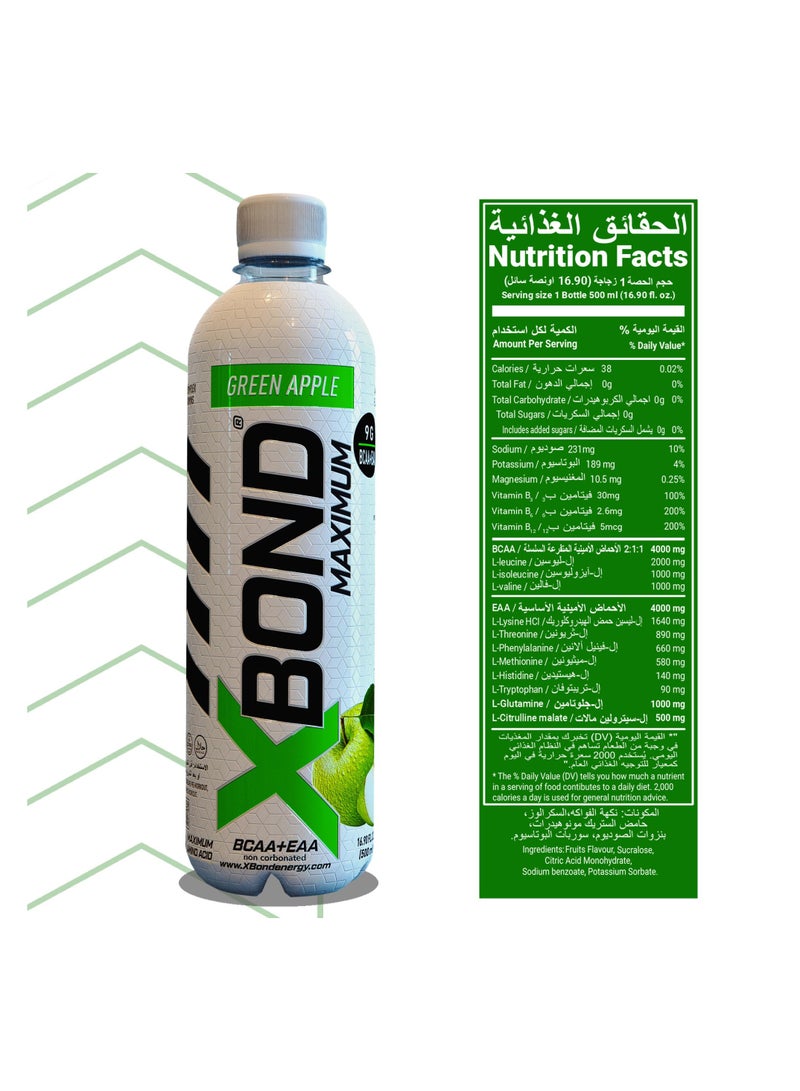 Xbond X-BOND 9g BCAA + EAA Green Apple Maximum Recovery  Non Carbonated Drink Maximum Amino Drink -  Electrolytes Drink - 16 fl oz (500 ml), Sugar Free 34 Calories, 60mg Caffeine Pack of 12 - Image 3
