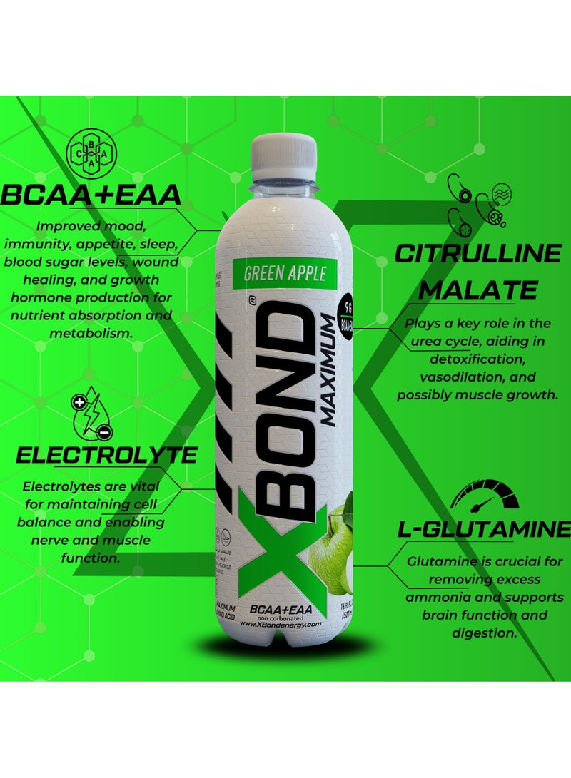 Xbond X-BOND 9g BCAA + EAA Green Apple Maximum Recovery  Non Carbonated Drink Maximum Amino Drink -  Electrolytes Drink - 16 fl oz (500 ml), Sugar Free 34 Calories, 60mg Caffeine Pack of 12 - Image 4