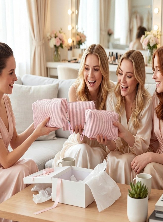 6 Pack Bulk Seersucker Cosmetic Bags, Striped Zippered (Light Pink) - Image 3