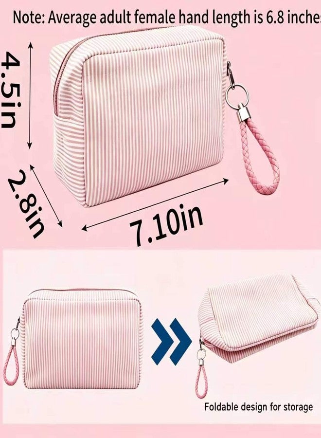 6 Pack Bulk Seersucker Cosmetic Bags, Striped Zippered (Light Pink) - Image 4