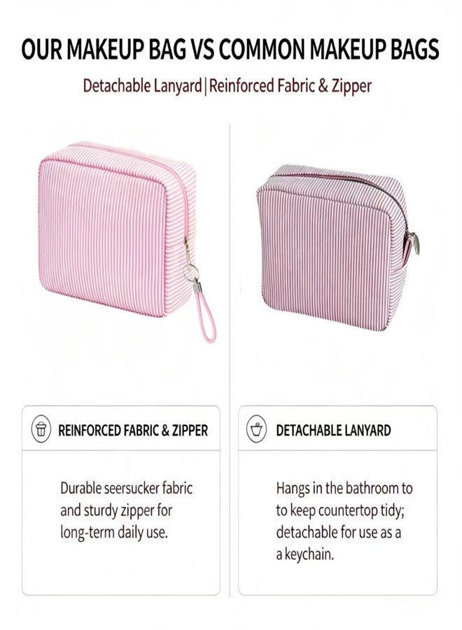 6 Pack Bulk Seersucker Cosmetic Bags, Striped Zippered (Light Pink) - Image 2