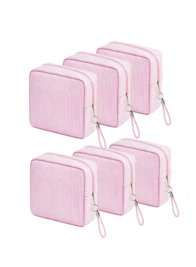 6 Pack Bulk Seersucker Cosmetic Bags, Striped Zippered (Light Pink) - Image 1
