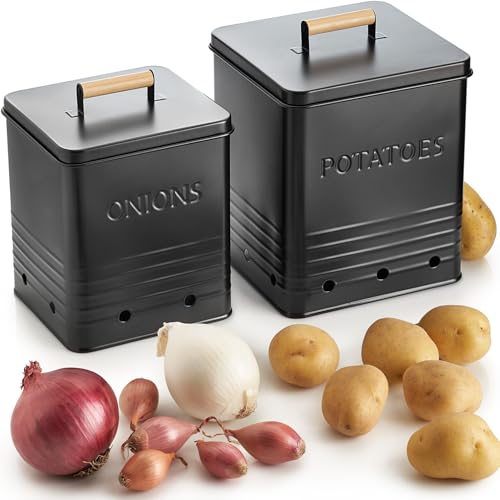 ZICOTO Beautiful Potato and Onion Storage Container Set - Perfectly Sized Spacious Canisters For Your Kitchen Counter Or Pantry - Quality Food Safe Metal Bins Keep Your Produce/Vegetables Fresh Longer - Image 1