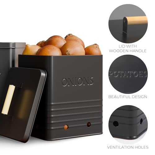 ZICOTO Beautiful Potato and Onion Storage Container Set - Perfectly Sized Spacious Canisters For Your Kitchen Counter Or Pantry - Quality Food Safe Metal Bins Keep Your Produce/Vegetables Fresh Longer - Image 5