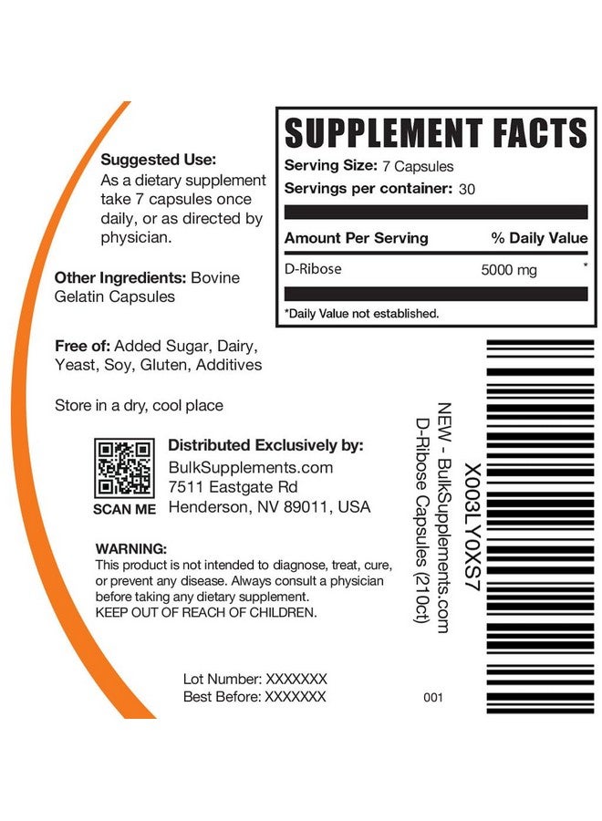 BulkSupplements.com D-Ribose Capsules - Ribose Supplement, for Energy Support - Gluten Free, 7 Capsules per Serving (5000mg), 210 Count (Pack of 1) - Image 2