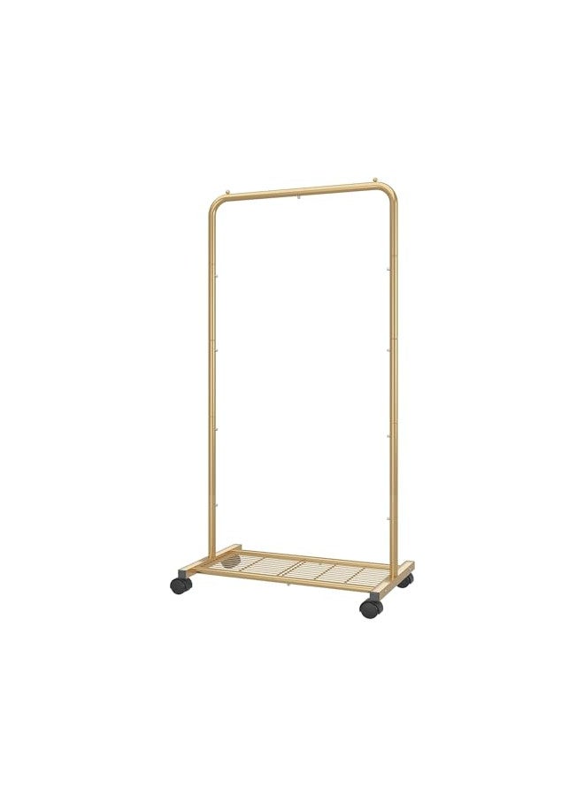 Simple Trending Standard Clothes Garment Rack, Clothing Rolling Rack with Mesh Storage Shelf on Wheels, Golden Yellow - Image 1