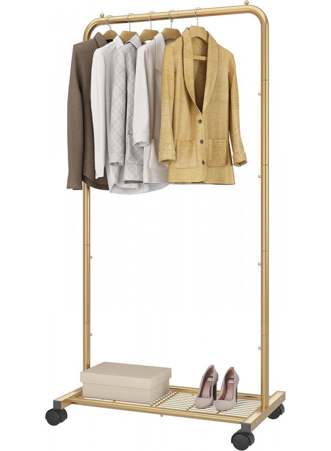 Simple Trending Standard Clothes Garment Rack, Clothing Rolling Rack with Mesh Storage Shelf on Wheels, Golden Yellow - Image 3