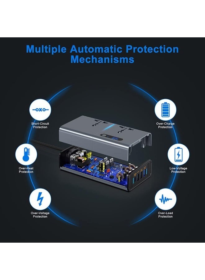 ELTRAZONE 200W Car Power Inverter DC 12V/24V to 220V AC Converter – Portable Multi-Port Charging Hub with 3 USB + Type-C Fast Charge, Smart LED Voltage Display, Vehicle Power Adapter for Travel, Camping & Road Use - Image 2