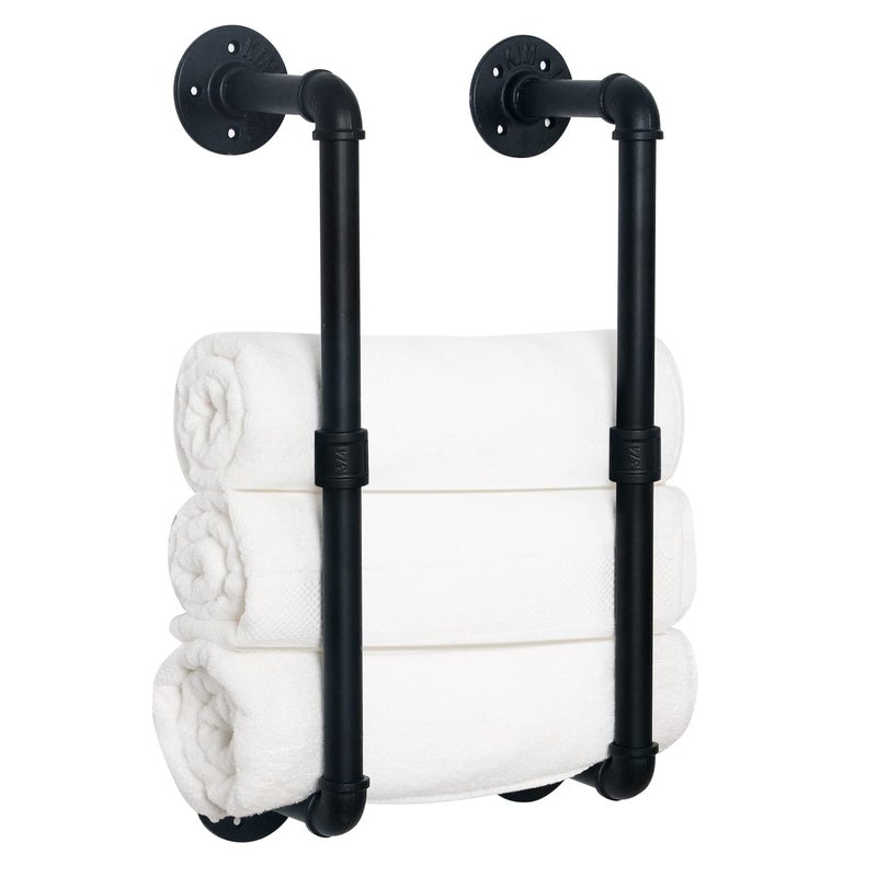 HouseAid Industrial Pipe Towel Rack, Farmhouse Bathroom Towel Storage Holder, Vintage Style Towel Organization, Wall Mounted, Matte Black - Image 1