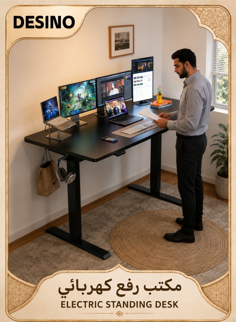 DESINO 140CM Electric Standing Desk, Height Adjustable 70–120 cm Sit Stand Desk, Home Office Computer Table with 4 Memory Height Buttons, Ideal for Work, Study & Gaming, Dual-Panel Desktop, Black - Image 1