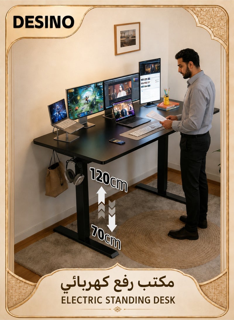 DESINO 140CM Electric Standing Desk, Height Adjustable 70–120 cm Sit Stand Desk, Home Office Computer Table with 4 Memory Height Buttons, Ideal for Work, Study & Gaming, Dual-Panel Desktop, Black - Image 1