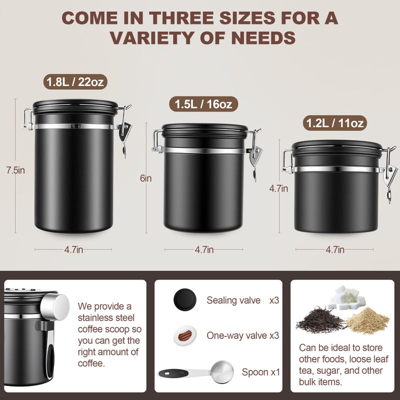 ShanSon Coffee Canister Airtight Coffee Container Stainless Steel Coffee Bean Storage Container with Scoop Coffee Canister for Beans Grounds Sugar Flour Tea Cereal,22OZ, Black - Image 3