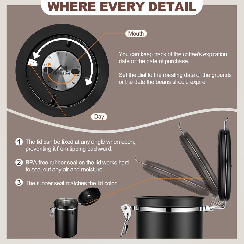 ShanSon Coffee Canister Airtight Coffee Container Stainless Steel Coffee Bean Storage Container with Scoop Coffee Canister for Beans Grounds Sugar Flour Tea Cereal,22OZ, Black - Image 5