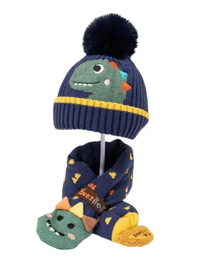 ليتل سربرايز بوكس Navy Blue Dino Kids Winter Cap & Neck Muffler Set