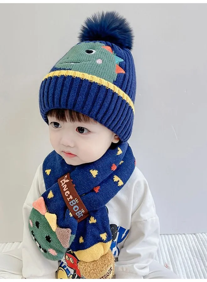 ليتل سربرايز بوكس Navy Blue Dino Kids Winter Cap & Neck Muffler Set