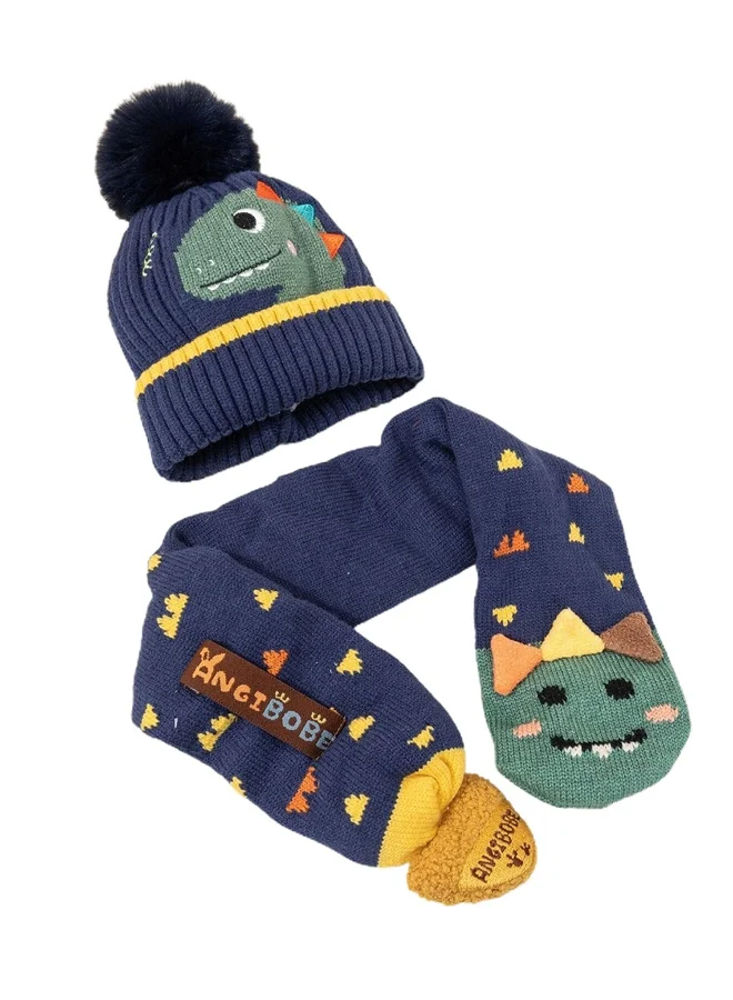 ليتل سربرايز بوكس Navy Blue Dino Kids Winter Cap & Neck Muffler Set