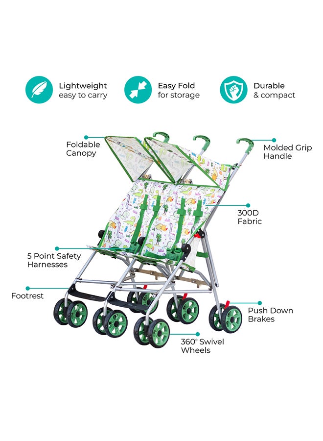مون عربة أطفال خفيفة الوزن Jet Plus Twin Buggy للسفر، حتى 30 كجم، من عمر 6 أشهر فما فوق، باللون الأخضر - Image 2