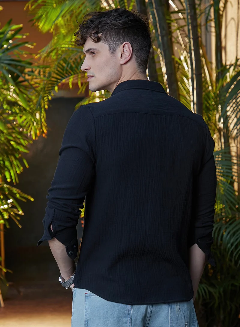 Campus Sutra Campus Sutra Men's Midnight Black Breezy-Weave Shirt For Casual Wear | Spread Collar | Long Cuffed Sleeves | Button Closure | Shirt Crafted With Comfort Fit For Everyday Wear