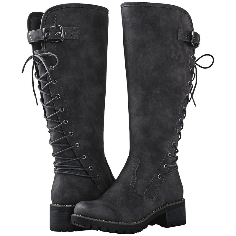 GLOBALWIN Women's Chunky Heel Grey Lace Up Back Knee High Fashion Boots 8.5M - Image 2