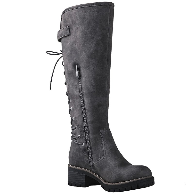 GLOBALWIN Women's Chunky Heel Grey Lace Up Back Knee High Fashion Boots 8.5M - Image 3