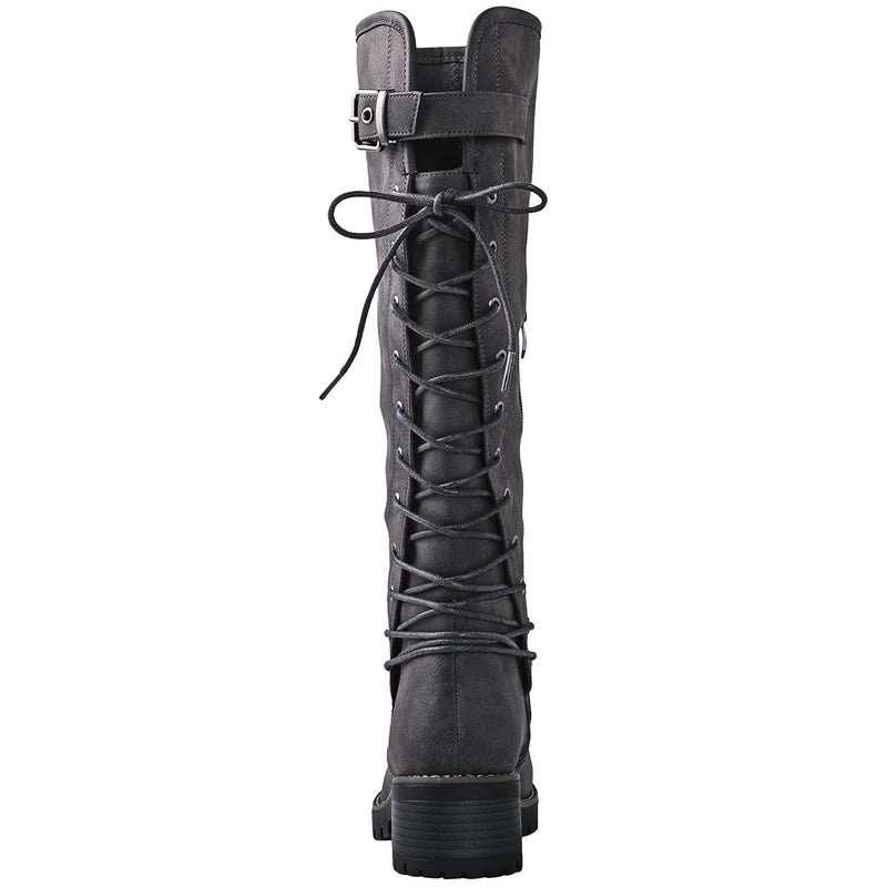 GLOBALWIN Women's Chunky Heel Grey Lace Up Back Knee High Fashion Boots 8.5M - Image 5