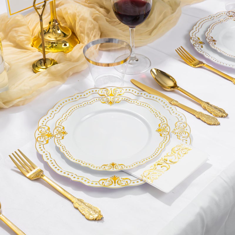 Ciaell 175 PCS White and Gold Plastic Plates - Fancy Gold Disposable Dinnerware Set with of 25 Dinner Plates  25 Salad Plates  25 Knives  25 Forks  25 Spoons  25 Cups  25 Napkins for Weddings Party - Image 3