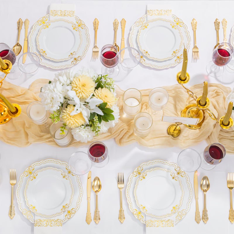 Ciaell 175 PCS White and Gold Plastic Plates - Fancy Gold Disposable Dinnerware Set with of 25 Dinner Plates  25 Salad Plates  25 Knives  25 Forks  25 Spoons  25 Cups  25 Napkins for Weddings Party - Image 4