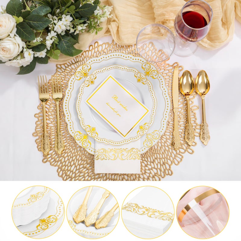 Ciaell 175 PCS White and Gold Plastic Plates - Fancy Gold Disposable Dinnerware Set with of 25 Dinner Plates  25 Salad Plates  25 Knives  25 Forks  25 Spoons  25 Cups  25 Napkins for Weddings Party - Image 2