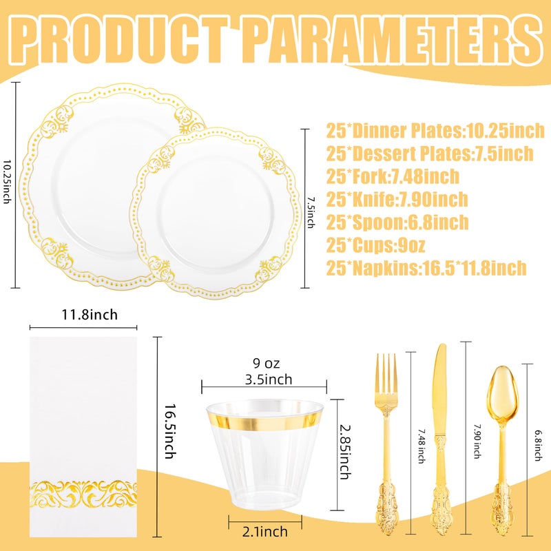 Ciaell 175 PCS White and Gold Plastic Plates - Fancy Gold Disposable Dinnerware Set with of 25 Dinner Plates  25 Salad Plates  25 Knives  25 Forks  25 Spoons  25 Cups  25 Napkins for Weddings Party - Image 1