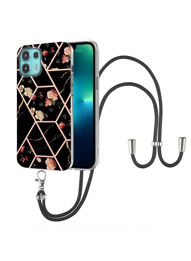 اس-توب جراب لهاتف Motorola Edge 20 Lite مصنوع من مادة TPU بتصميم زهور رخامية متداخلة مع حبل تعليق - Image 1