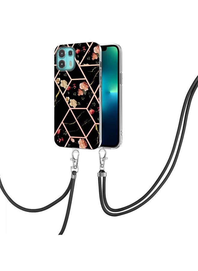 اس-توب جراب لهاتف Motorola Edge 20 Lite مصنوع من مادة TPU بتصميم زهور رخامية متداخلة مع حبل تعليق - Image 2