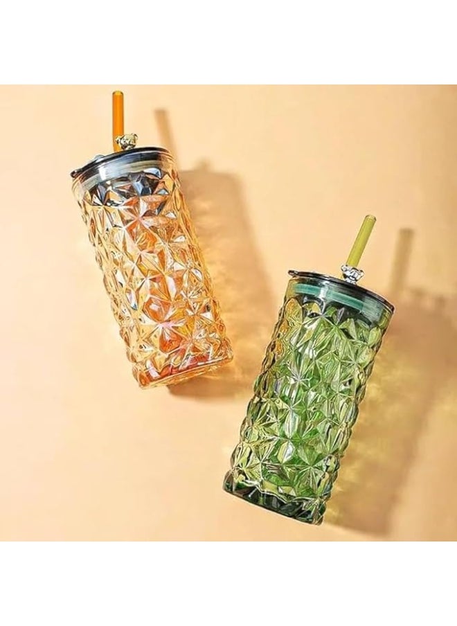 ماركة غير محددة كوب ماء زجاجي من ZLZIDAN مع ماصة وغطاء، برطمانات شرب زجاجية ملونة للعصير والقهوة المثلجة والمشروبات المثلجة والعصائر والشاي والقهوة، 350 مل. (أصفر)  - Image 1