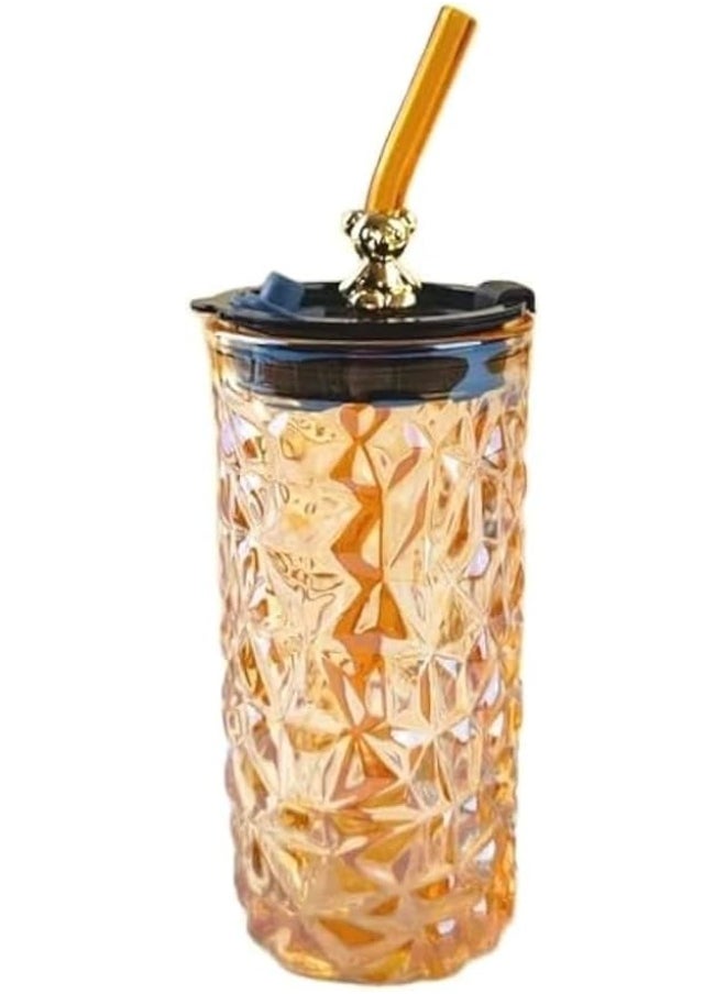 ماركة غير محددة كوب ماء زجاجي من ZLZIDAN مع ماصة وغطاء، برطمانات شرب زجاجية ملونة للعصير والقهوة المثلجة والمشروبات المثلجة والعصائر والشاي والقهوة، 350 مل. (أصفر)  - Image 3