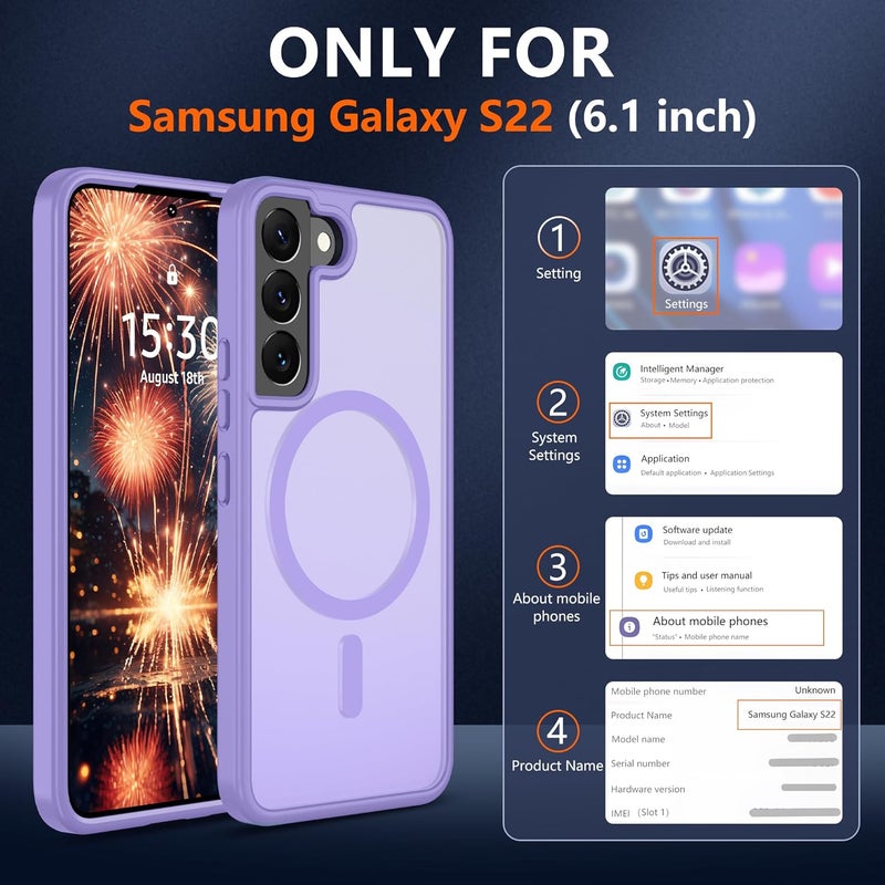 حافظة المغناطيسية لهاتف Samsung S22 [متوافقة مع تقنية MagSafe] | 2 طبقة حماية للشاشة | مقاومة للتصفر وبصمات الأصابع، مقاومة للصدمات، نسيج ناعم وشفاف يناسب شكل الهاتف - لون بنفسجي فاتح - Image 2