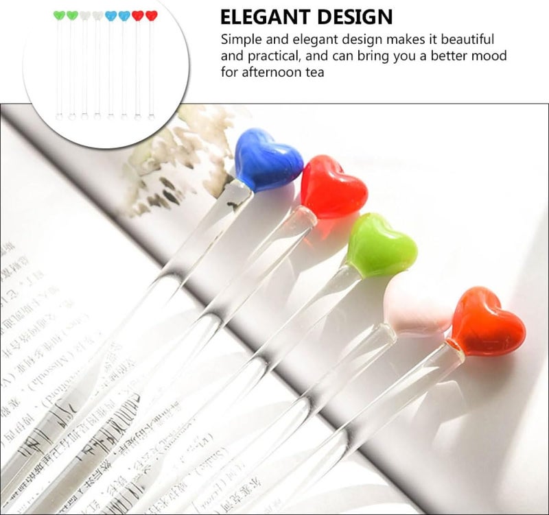 8pcs Heart-shaped Glass Swizzle Sticks Set, Multi-color Reusable Cocktail Stirring Rods for Bar, Tea, Juice, and Beverage Mixing at Home Or Party - Image 2