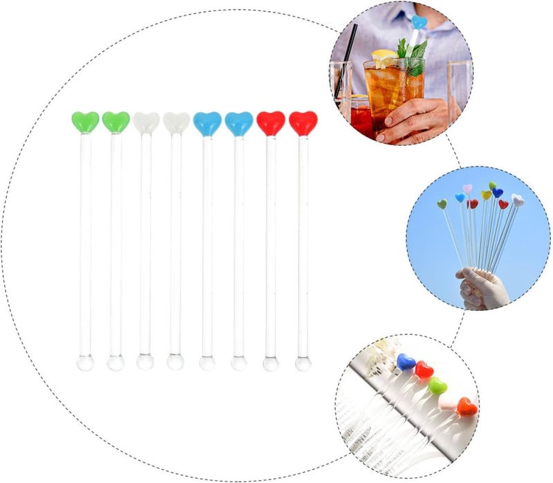 8pcs Heart-shaped Glass Swizzle Sticks Set, Multi-color Reusable Cocktail Stirring Rods for Bar, Tea, Juice, and Beverage Mixing at Home Or Party - Image 4