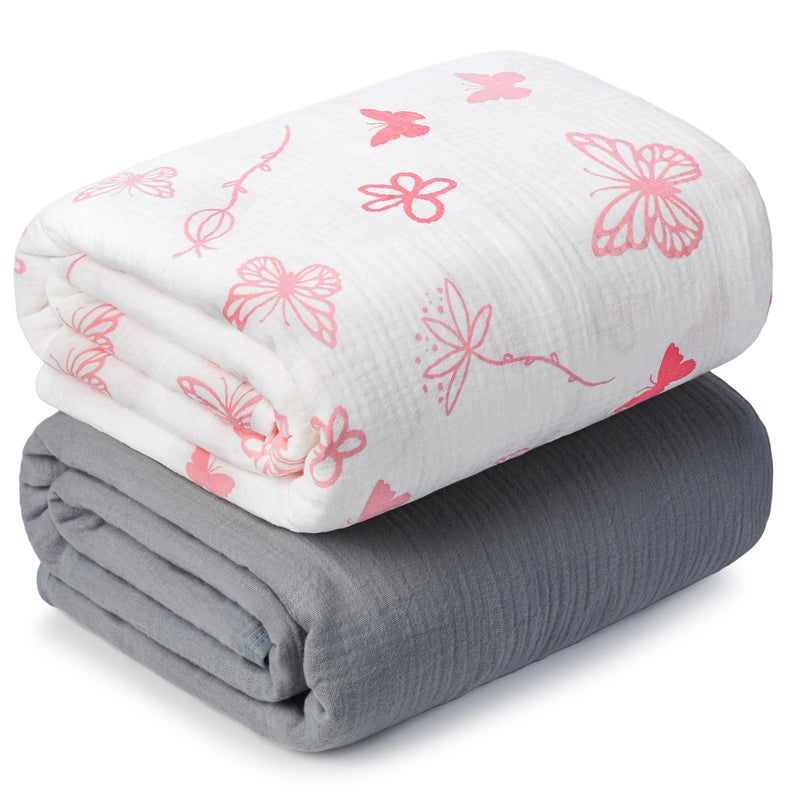 GUNTAIL Muslin Swaddle Blankets for Newborn, 2 Pack Breathable Soft Receiving Blanket, Large 41 x 41 inches Swaddle Wrap Burping Clothes, Essentials Infant Shower Items. (Gray & Pink Butterfly) - Image 1