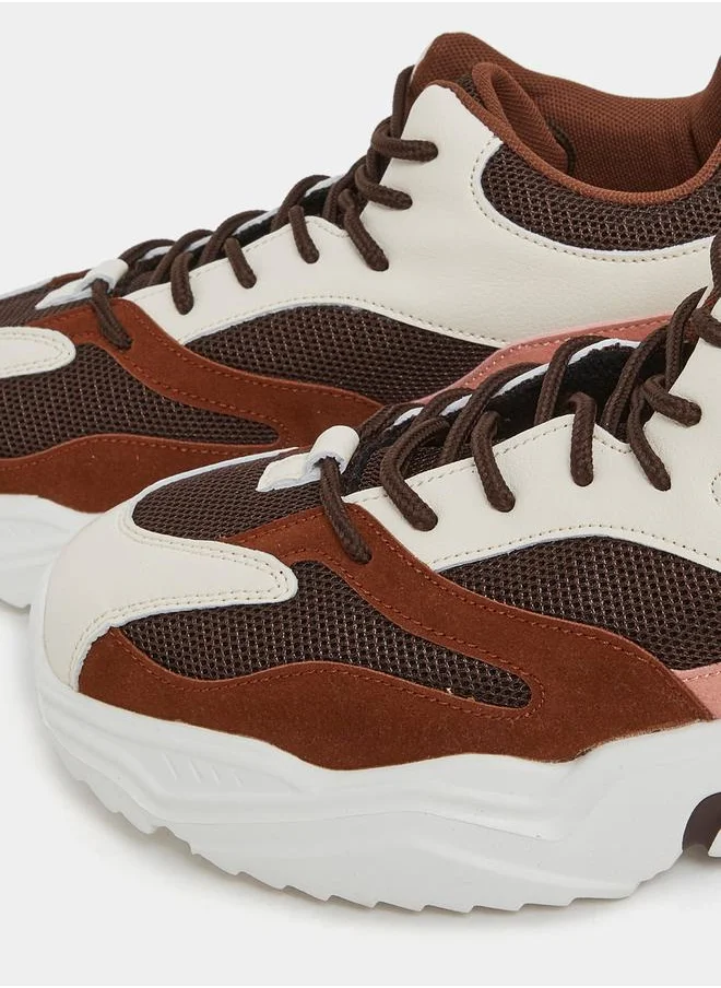 Styli Textured Lace-Up Chunky Sneakers with Pull Tab
