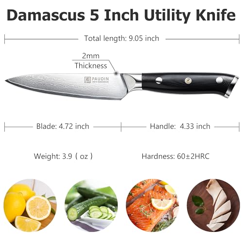 PAUDIN Utility Knife, Damascus Kitchen Knife, 67-Layer Forged Blade, Ultra Sharp Edge, Full Tang G10 Handle with Triple Rivets, 5'' Paring Knife for Cutting Fruit and Vegetables - Image 2