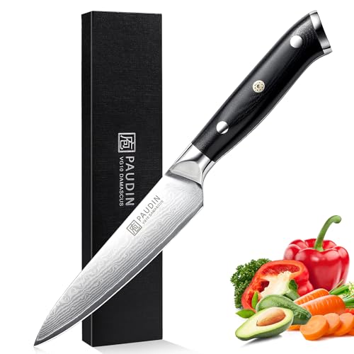 PAUDIN Utility Knife, Damascus Kitchen Knife, 67-Layer Forged Blade, Ultra Sharp Edge, Full Tang G10 Handle with Triple Rivets, 5'' Paring Knife for Cutting Fruit and Vegetables - Image 1