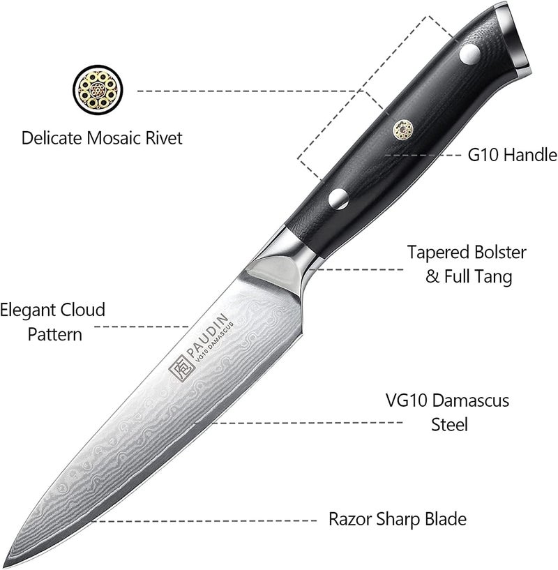 PAUDIN Utility Knife, Damascus Kitchen Knife, 67-Layer Forged Blade, Ultra Sharp Edge, Full Tang G10 Handle with Triple Rivets, 5'' Paring Knife for Cutting Fruit and Vegetables - Image 5