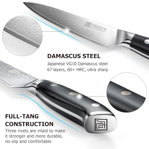 PAUDIN Utility Knife, Damascus Kitchen Knife, 67-Layer Forged Blade, Ultra Sharp Edge, Full Tang G10 Handle with Triple Rivets, 5'' Paring Knife for Cutting Fruit and Vegetables - Image 4