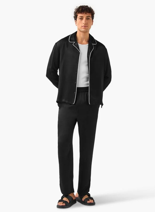 Iconic Iconic Regular Fit Piped Lounge Shirt with Collar and Long Sleeves