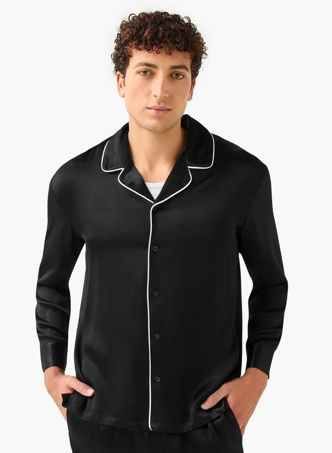 Iconic Iconic Regular Fit Piped Lounge Shirt with Collar and Long Sleeves