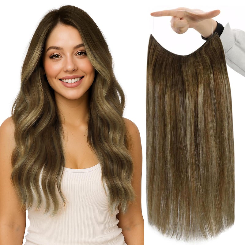Fshine Wire Hair Extensions Real Human Hair 14 Inch Balayage Medium Brown Ombre Caramel Blond Adjustable Fish Line Hair Extensions Clip in One Piece Straight Remy Hair 76 G - Image 1