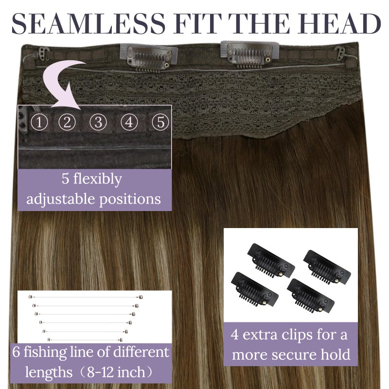 Fshine Wire Hair Extensions Real Human Hair 14 Inch Balayage Medium Brown Ombre Caramel Blond Adjustable Fish Line Hair Extensions Clip in One Piece Straight Remy Hair 76 G - Image 4