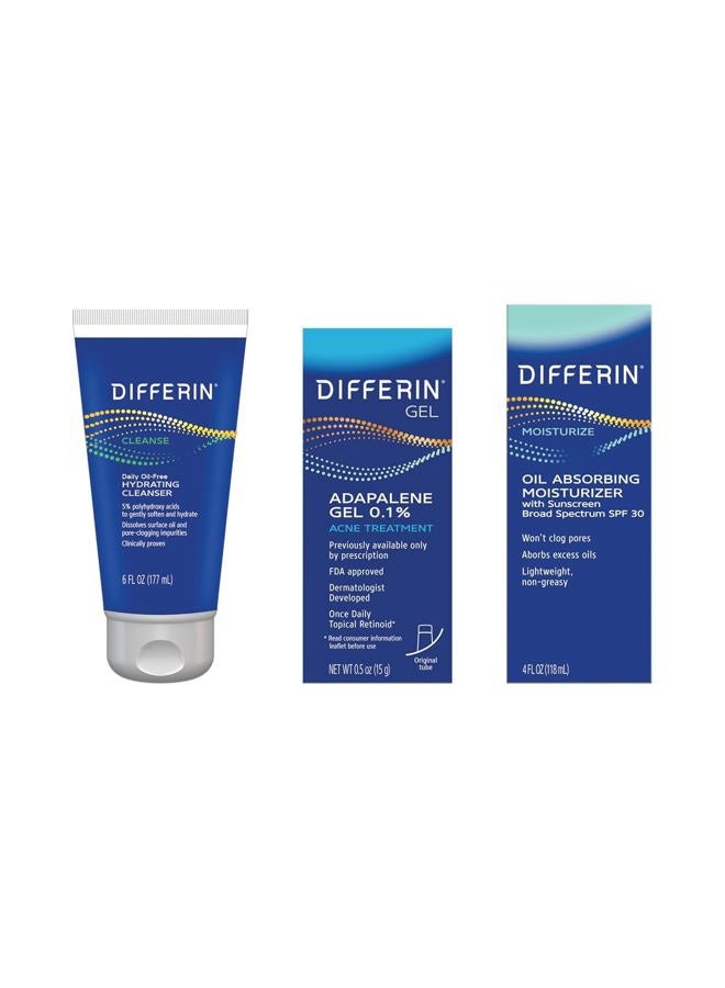differin مجموعة العناية بالبشرة مع علاجات حب الشباب للوجه، نظام 3 خطوات مع غسول وجه مرطب خالي من الزيت يوميًا، جل ديفيرين أدابالين الريتينويد، ومرطب للوجه مع SPF، مجموعة حب الشباب للبشرة المعرضة لحب الشباب - Image 1