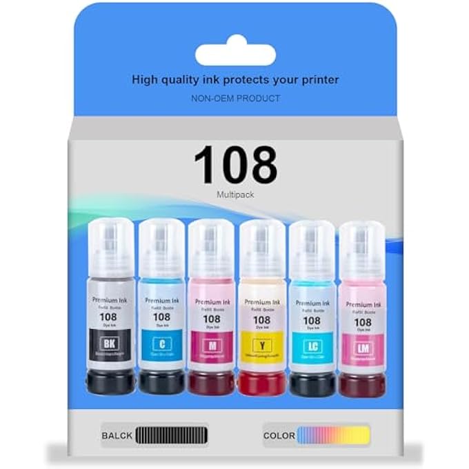 108 INK SET 6-COLOUR MULTIPACK FOR EPSON 108 INK COMBO SET(BLACK CYAN MAGENTA YELLOW LIGHT CYAN AND LIGHT MAGENTA) FOR ECOTANK L8050, L18050, L1800 PRINTER,PRINTS UP TO 8,000 PAGES(6-PACK) - Image 2