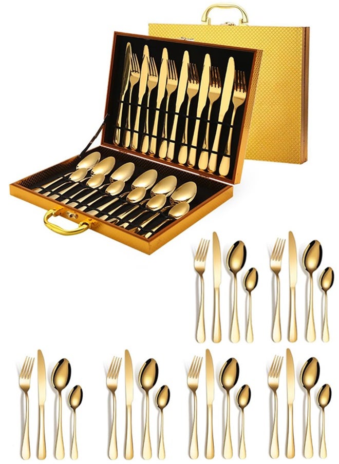 wowofa 24 pieces Stainless Steel Cutlery Set Gold with Premium Wooden Box, Mirror Polished Flatware Set, Serve for 6, Including Knife/Fork/Spoon/Teaspoon (Gold)  - Image 1