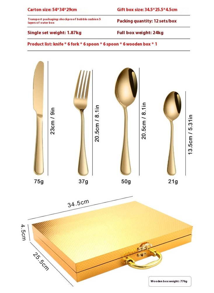 wowofa 24 pieces Stainless Steel Cutlery Set Gold with Premium Wooden Box, Mirror Polished Flatware Set, Serve for 6, Including Knife/Fork/Spoon/Teaspoon (Gold)  - Image 2